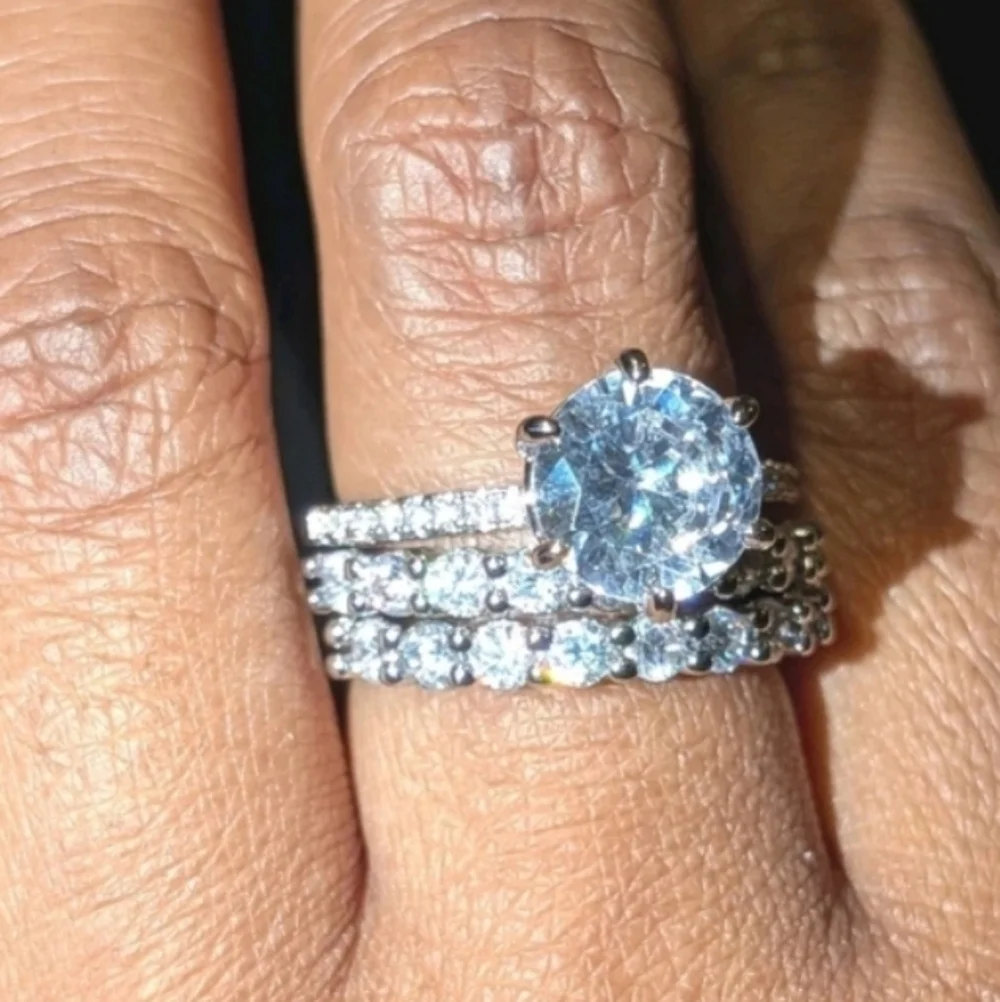 Shimmering 5ct Round Cut Moissanite Trio Silvery Bridal Wedding Ring Set